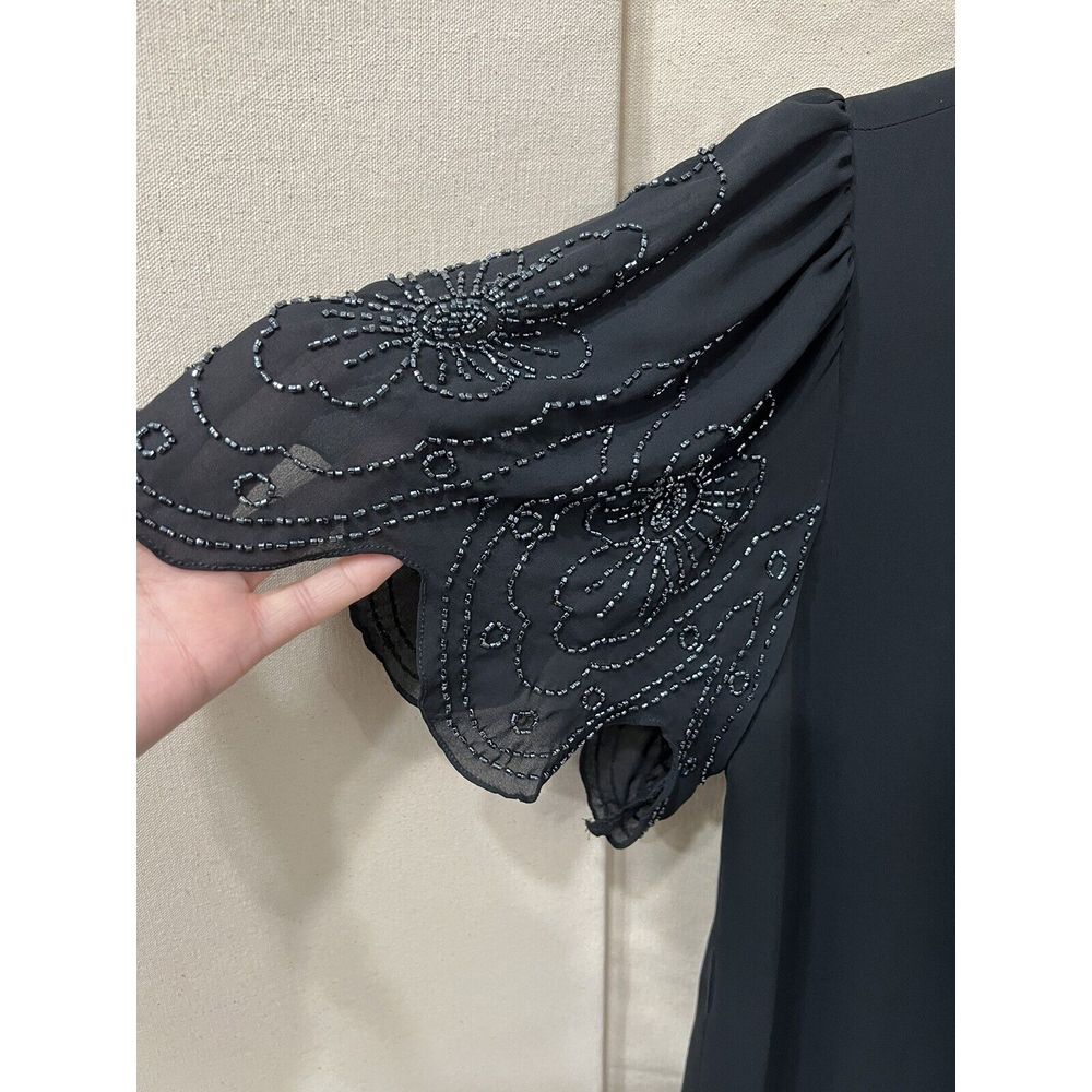 Vintage Jack Bryan Black Beaded V-Neck Floral Bead Evening Dress 14 - Picture 2 of 6